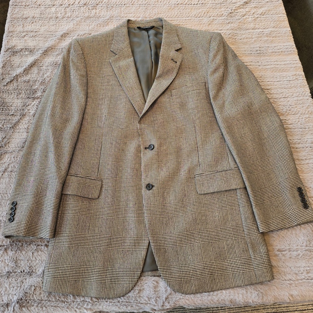 Jos. A. Bank Signature Blazer 44L Silk Camel Hair Glen Plaid SportCoat Tan Black